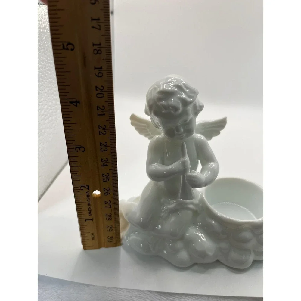 2 White Glazed Porcelain‎ Cherub Putti Cupid Taper Candle Holder Victorian
